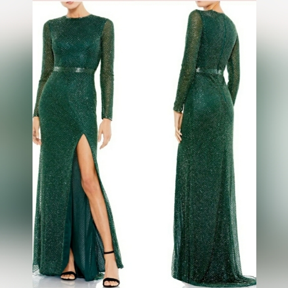 NEW! MAC DUGGAL FULLY BEADED GREEN GOWN. SZ 16 - Picture 2 of 9